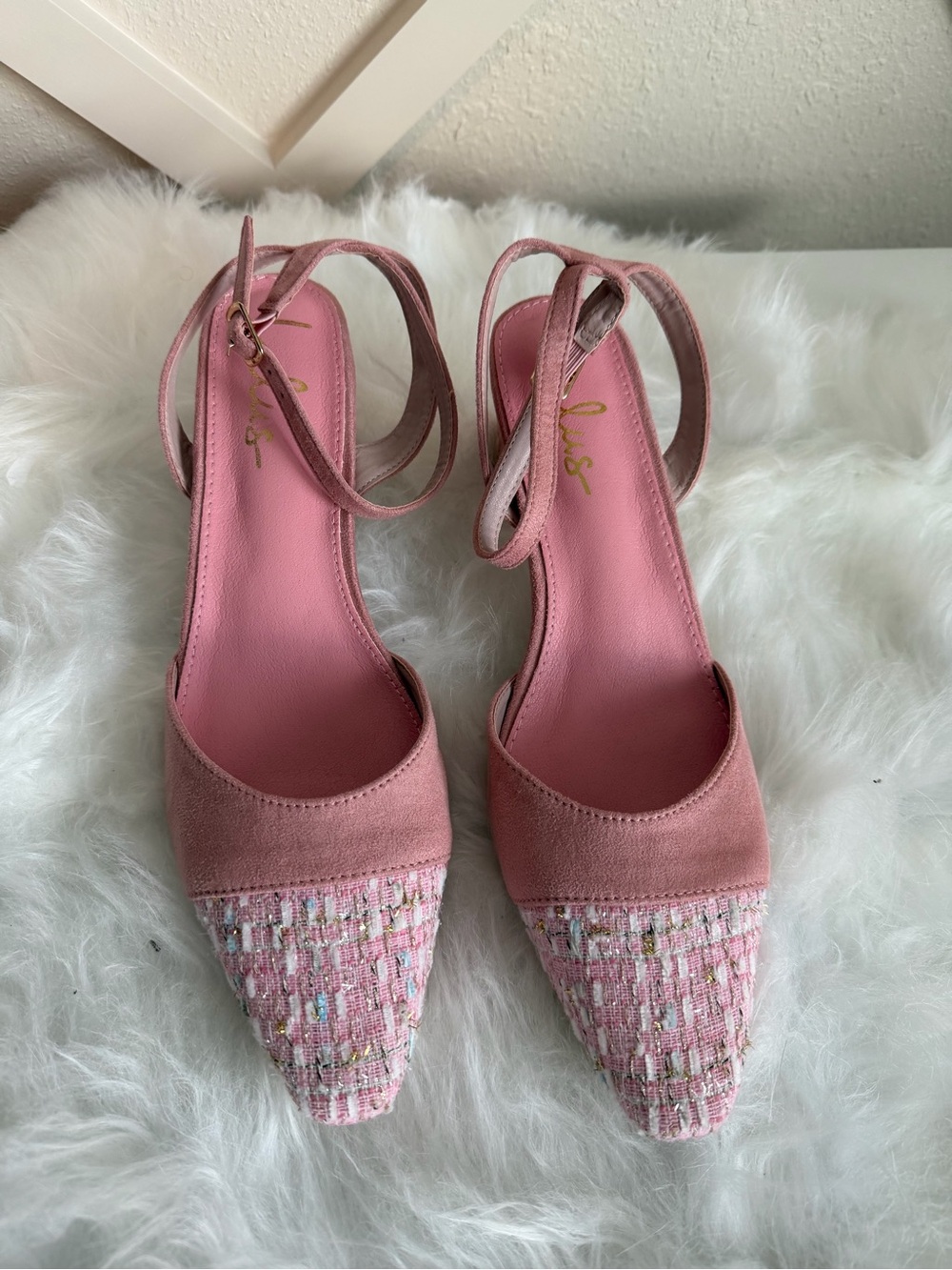 Lulu's Blush Pink Pointed Tweed Ankle-Strap Heels